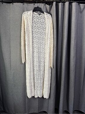 Freshman Cream Crochet Knit Longline Cardigan Dress